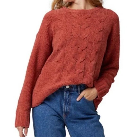 American Eagle Outfitters Sweaters - American Eagle Burnt Orange Chunky Chenille Cable Knit Cozy Crew Sweater Size M